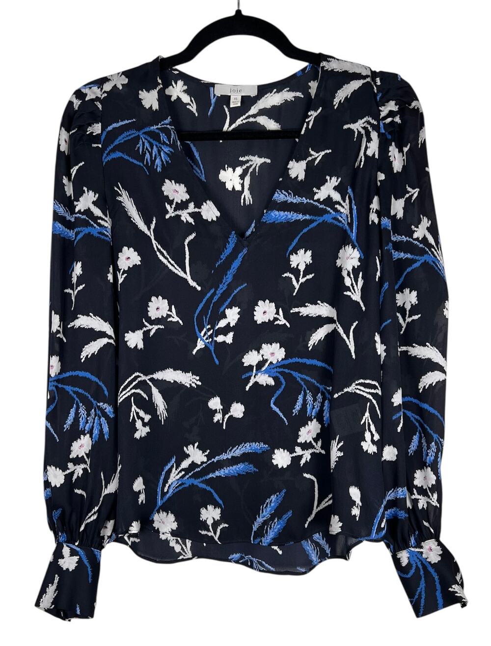 Joie 100% Silk Blue Floral Long Sleeve Lightweight Blouse Top XS